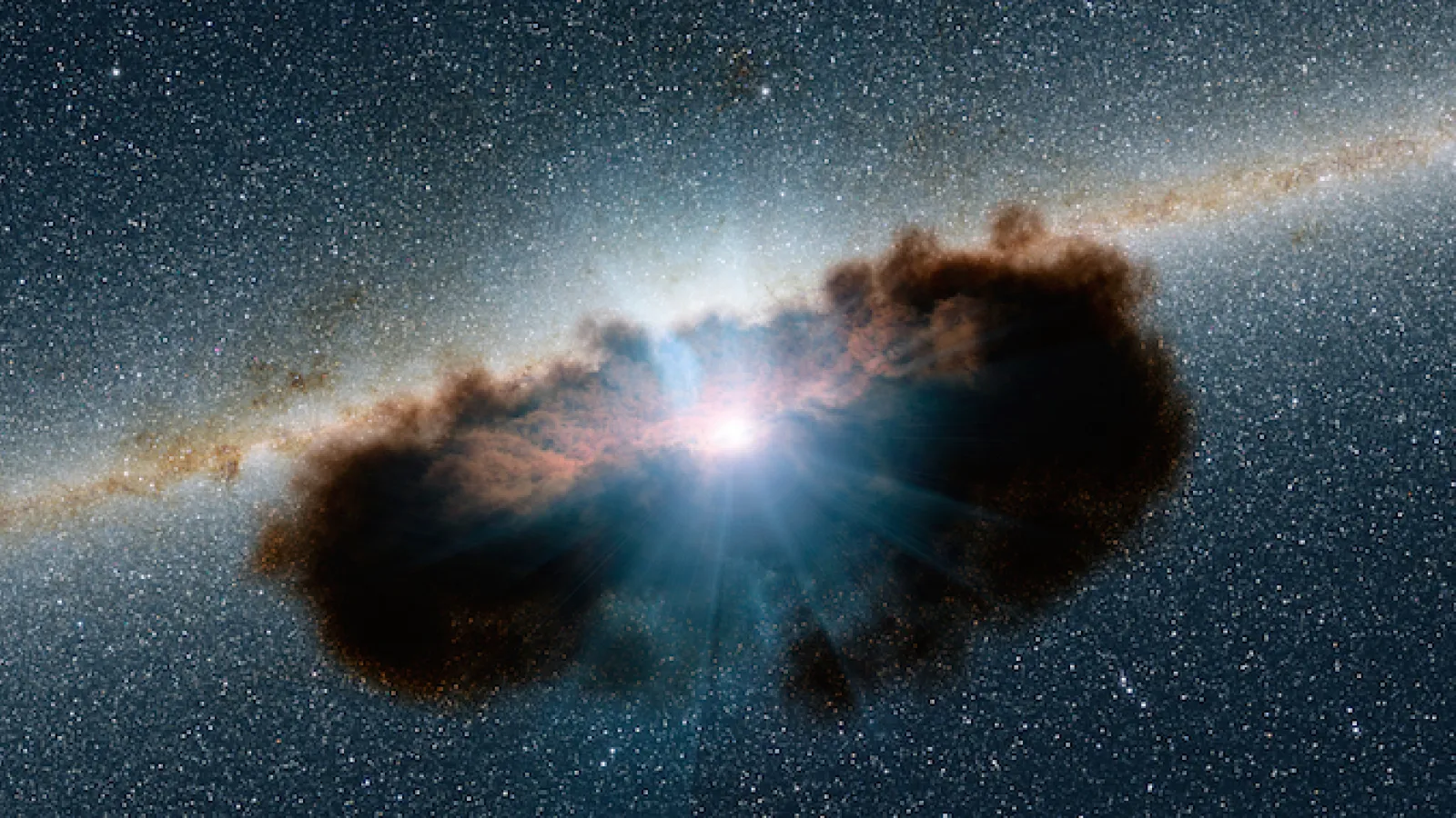 Artist’s illustration of an active galactic nucleus shrouded by gas and dust. Do such sources help or hurt the formation and survival of life in a galaxy? [NASA/JPL-Caltech]