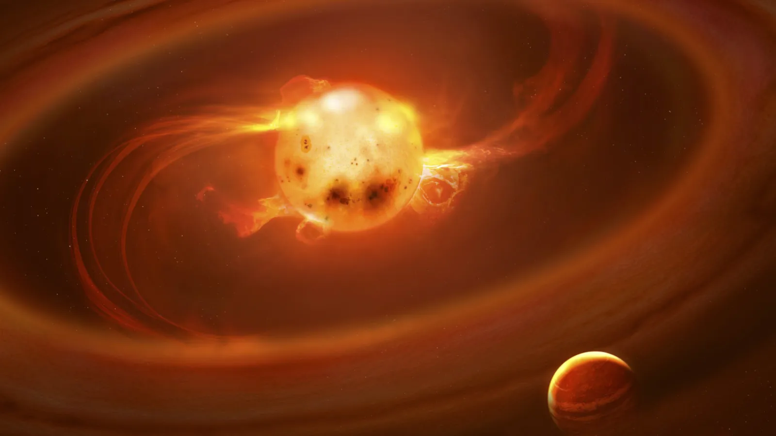 Artist depiction of a young magnetically active star with an exoplanet in orbit