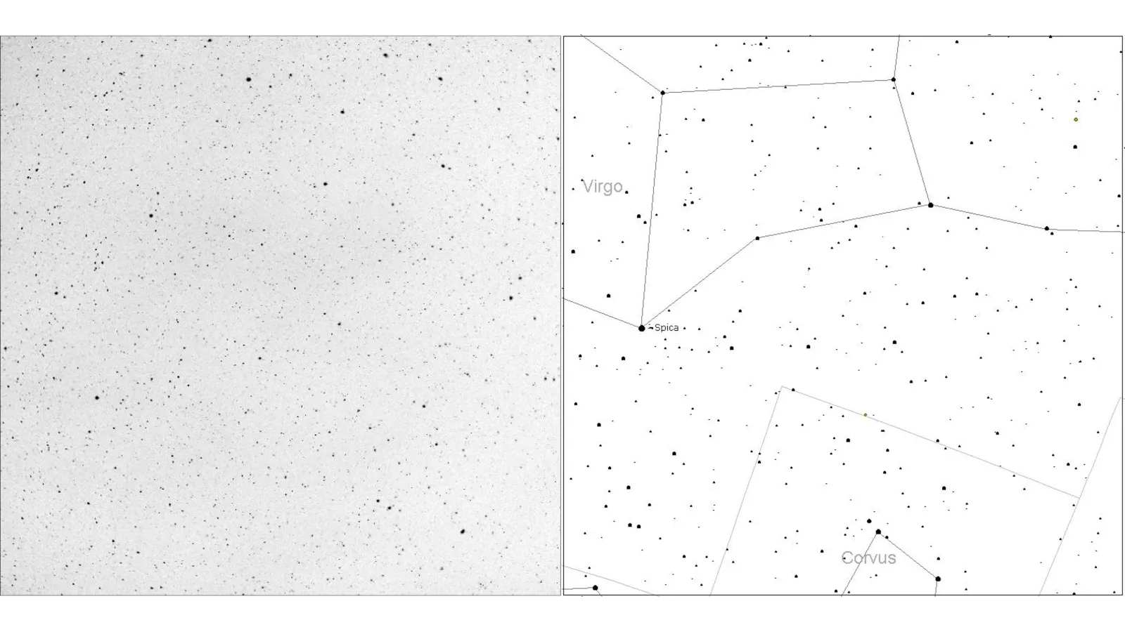KELT image of a region of the Virgo and Corvus constellations (left) and a sky map of the same regio (right)