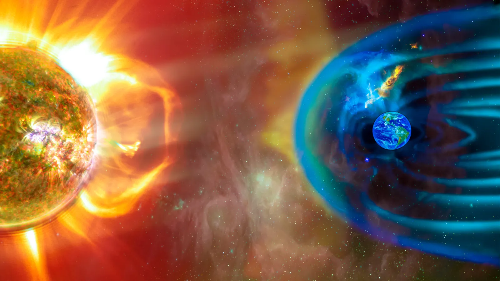 Sun and Earth with their partical and magnetic interactions